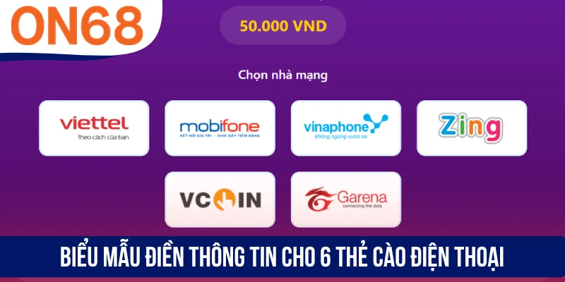 Biểu mẫu điền thông tin cho 6 thẻ cào điện thoại
