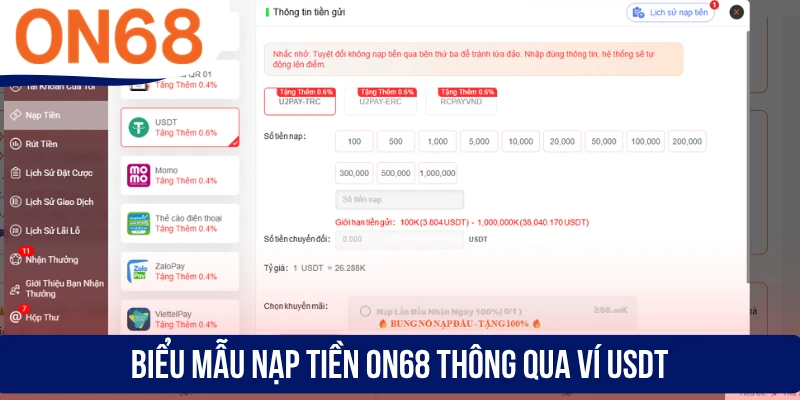 Biểu mẫu nạp tiền ON68 thông qua ví USDT