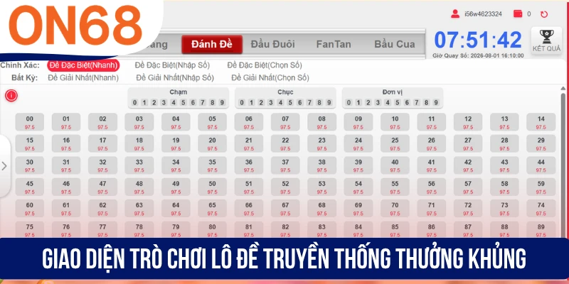 Giao diện trò chơi Lô Đề Truyền Thống thưởng khủng